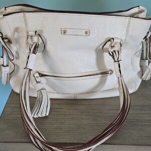 Cream Leather Shoulder Bag with Braided Tassel Handles